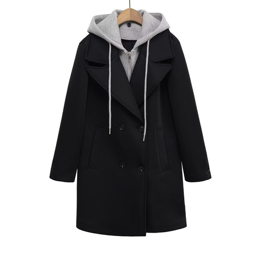 Loose double breasted detachable hooded coat for women
