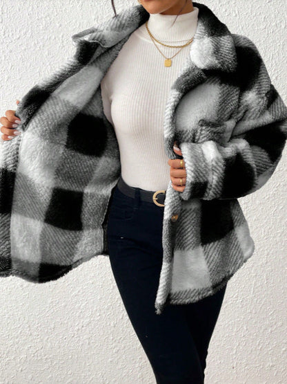 Ladies' casual plaid plush button front jacket