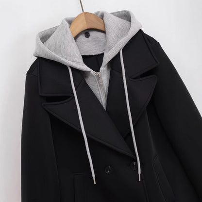 Loose double breasted detachable hooded coat for women